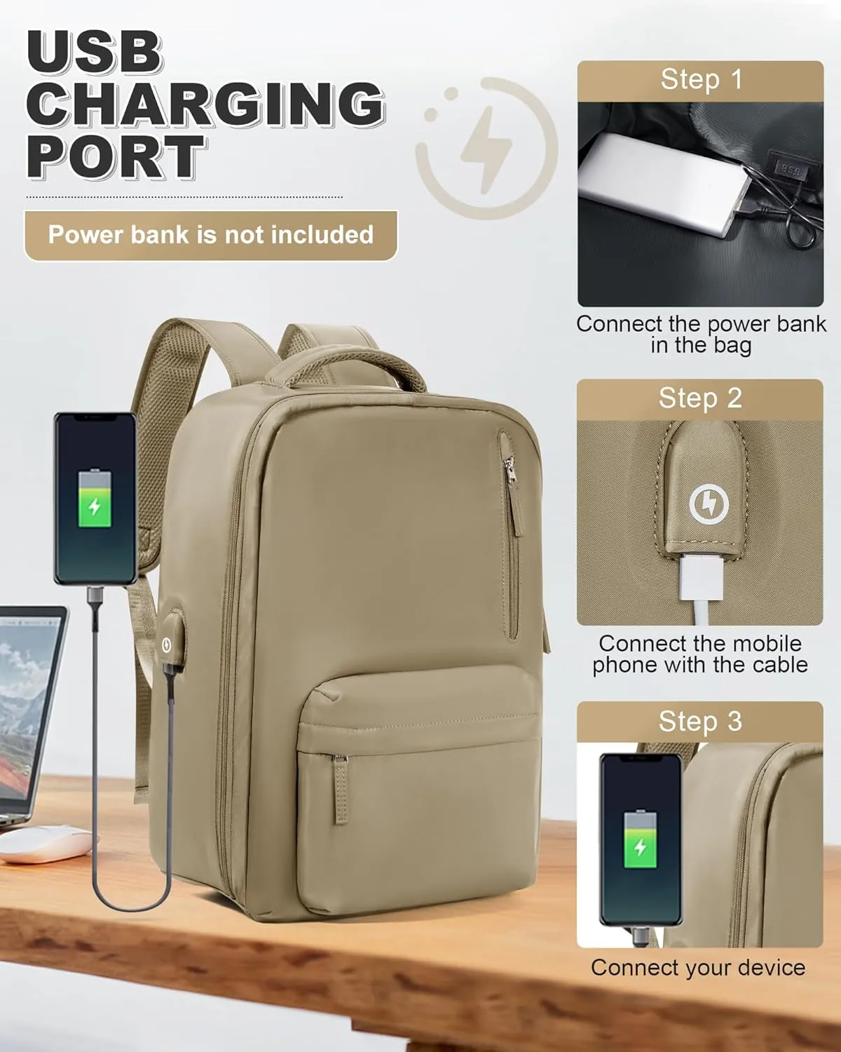 VGCUB Large Travel Backpack with Vacuum System Carry on Storage Compression Personal Item Bags with Electric Pump Work Business Vacpack College Airback lightweight Backpack for Women Men Khaki