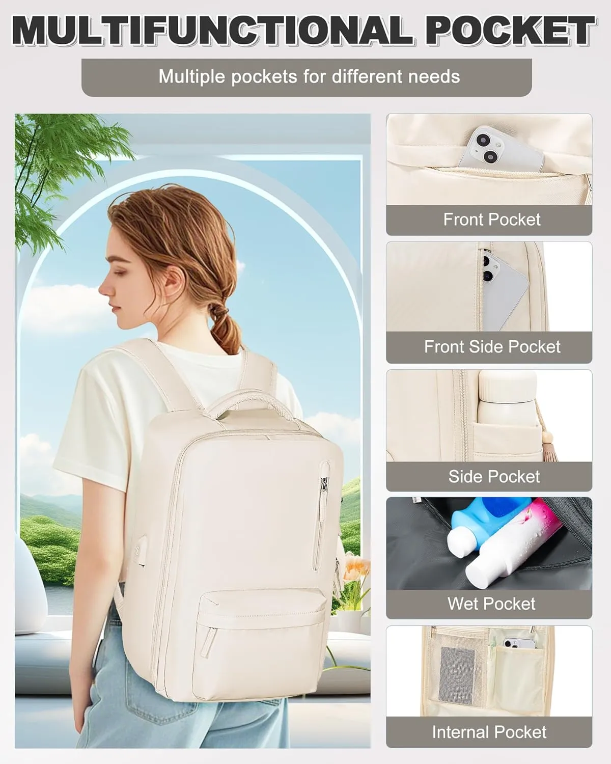 VGCUB Small Travel Backpack with Vacuum System Carry on Storage Compression Personal Item Bags with Electric Pump Work Business Vacpack College Airback lightweight Backpack for Women Men Beige