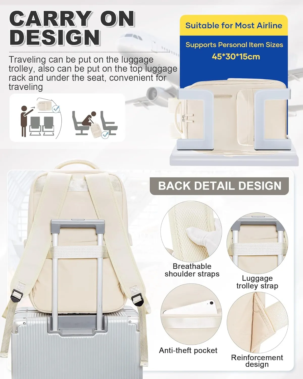 VGCUB Small Travel Backpack with Vacuum System Carry on Storage Compression Personal Item Bags with Electric Pump Work Business Vacpack College Airback lightweight Backpack for Women Men Beige
