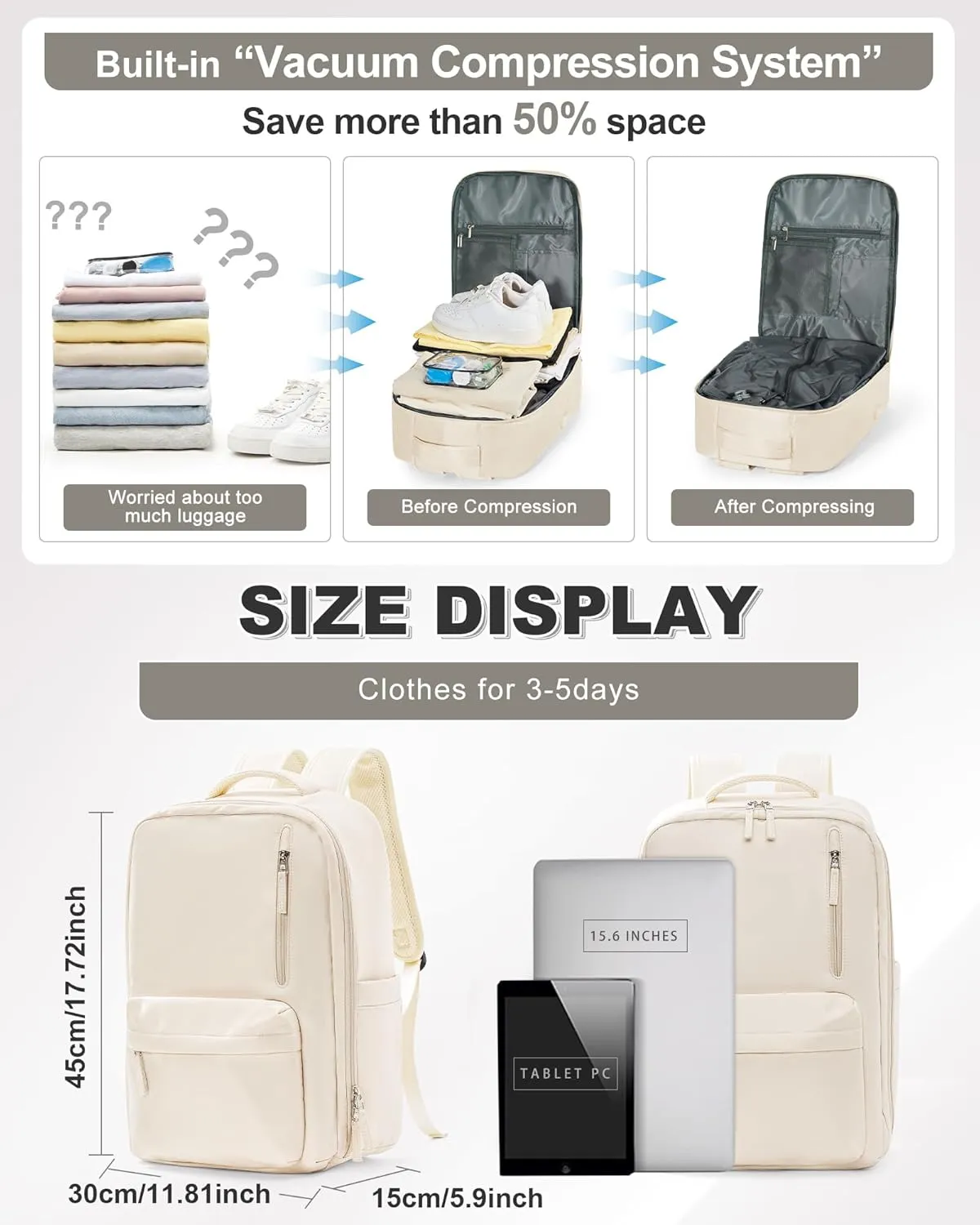 VGCUB Small Travel Backpack with Vacuum System Carry on Storage Compression Personal Item Bags with Electric Pump Work Business Vacpack College Airback lightweight Backpack for Women Men Beige