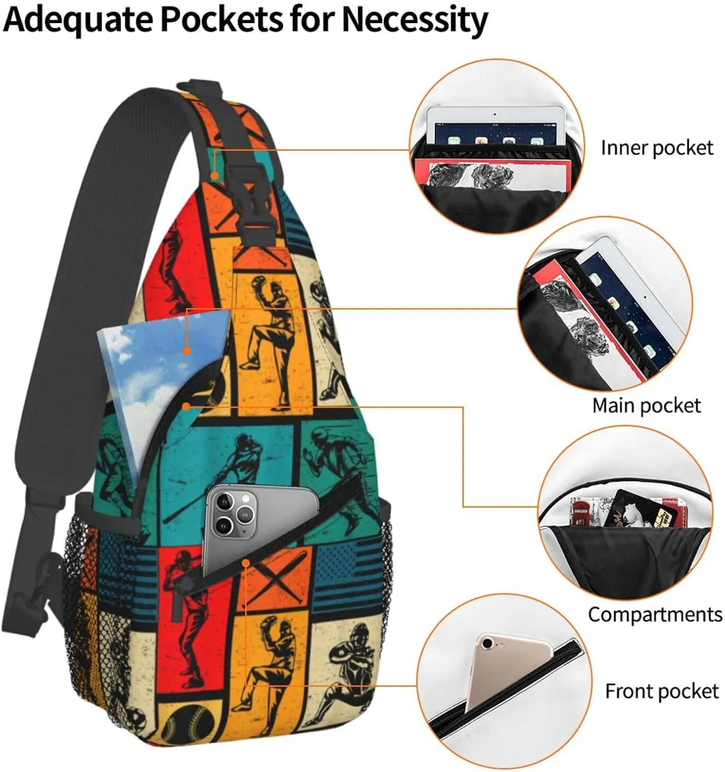 Vintage Baseball Bat Player Chest Bags Crossbody Sling Bag Shoulder Bag Travel Hiking Daypack For Men Women