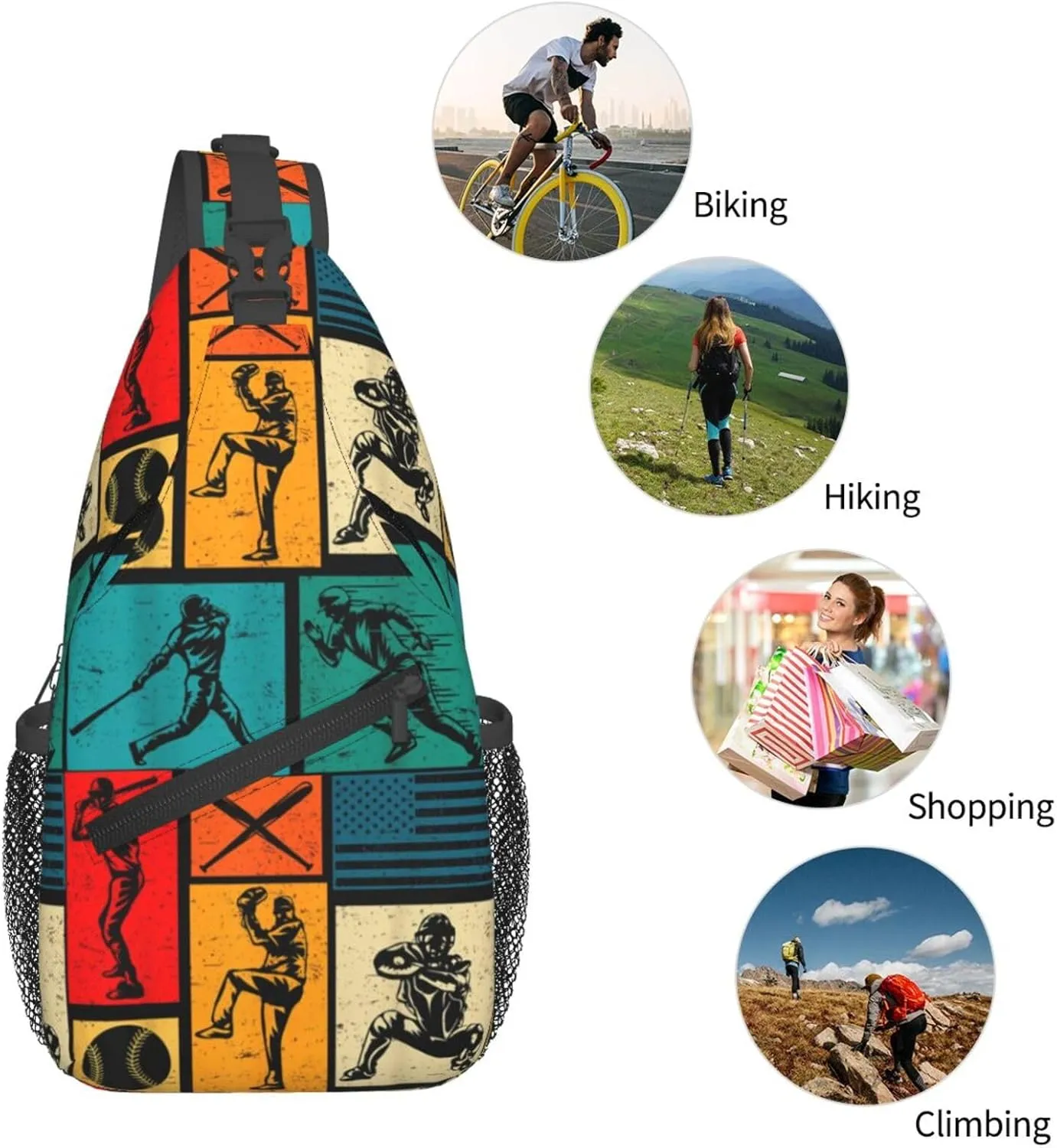 Vintage Baseball Bat Player Chest Bags Crossbody Sling Bag Shoulder Bag Travel Hiking Daypack For Men Women