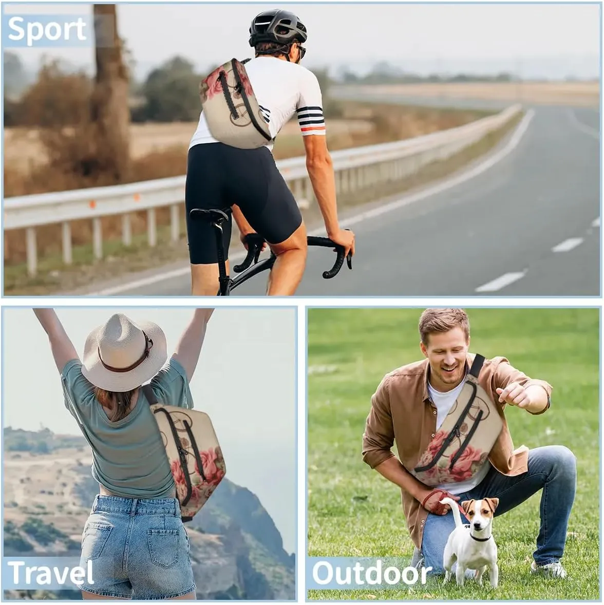 Vintage Bike Flower Sling Bag Crossbody Backpack Chest Daypack for Women Sport Travel Hiking Casual Bag Multipurpose Waist Pack With Zipper Closure Adjustable Strap Shoulder Bag