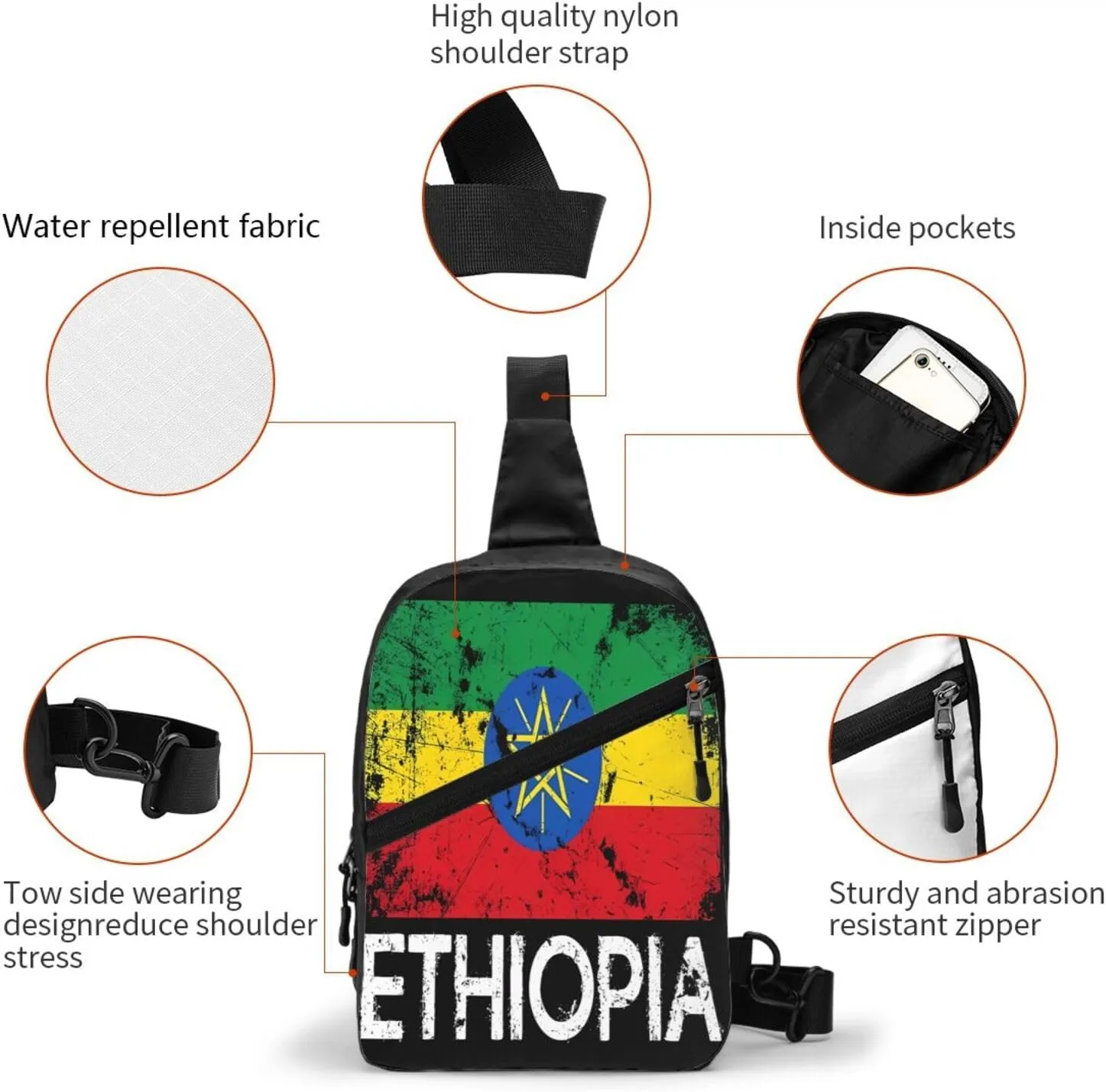 Vintage Ethiopian Flag Portable Crossbody Bag Foldable Sling Bags Sports Gym Chest Daypack Reusable Shoulder Backpack Casual Diagonally Rucksack Fanny Packs