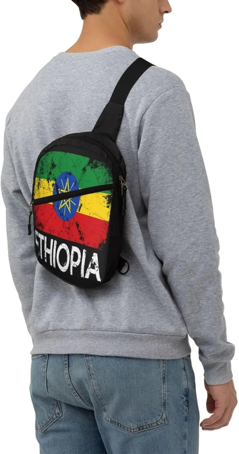 Vintage Ethiopian Flag Portable Crossbody Bag Foldable Sling Bags Sports Gym Chest Daypack Reusable Shoulder Backpack Casual Diagonally Rucksack Fanny Packs