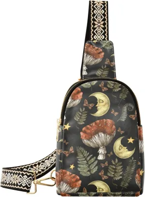 Vintage Magic Forest Moon Mushroom Sling Bag For Women Small Leather Fanny Pack Crossbody Purses for Women Trendy,waterproof Chest Bag With Wide Strap with Adjustable Strap Anti Theft