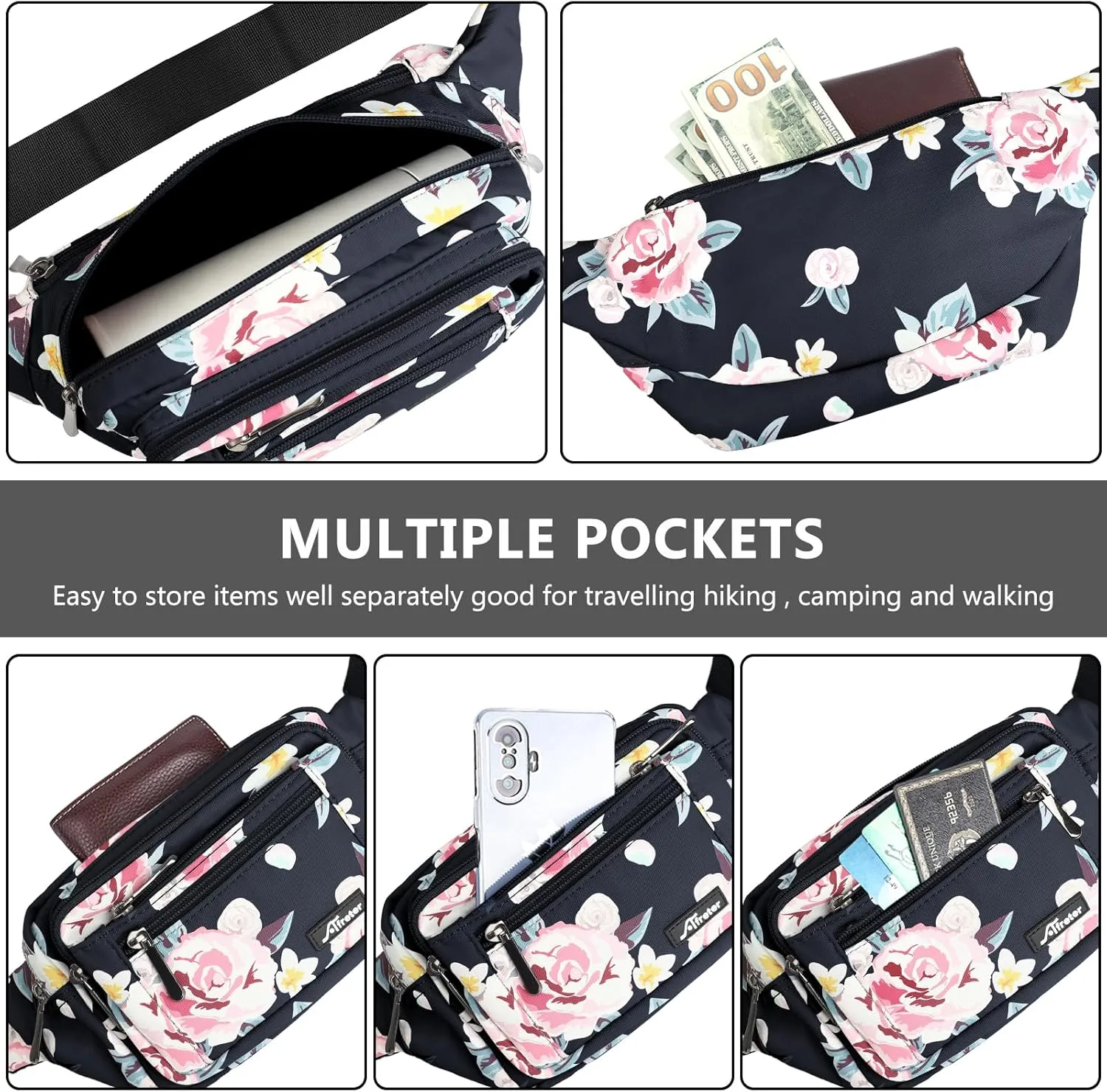 Waist Pack Bag Fanny Pack for Men&Women Hip Bum Bag with Adjustable Strap for Outdoors Workout Traveling Casual Running Hiking Cycling (New Black Flowers)
