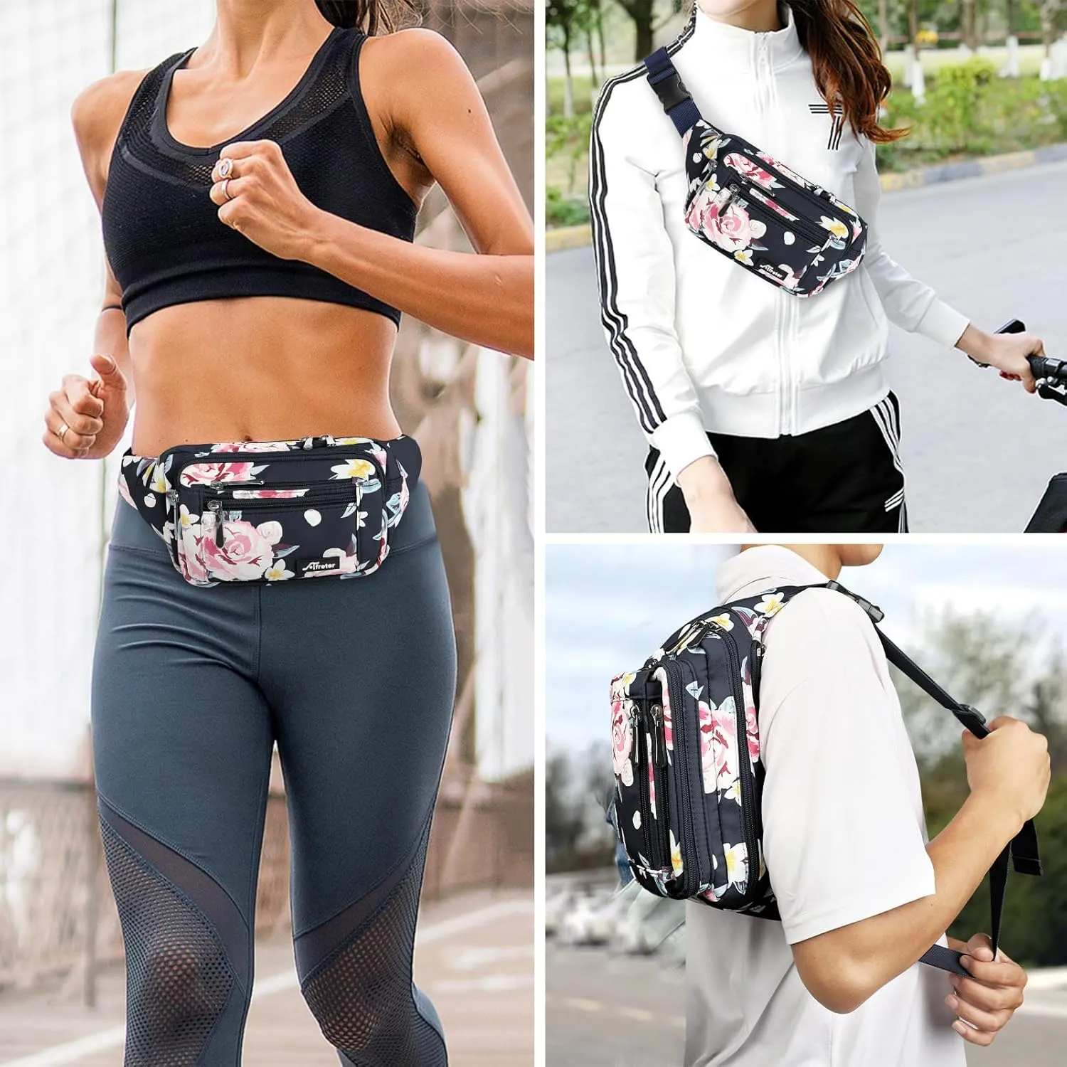 Waist Pack Bag Fanny Pack for Men&Women Hip Bum Bag with Adjustable Strap for Outdoors Workout Traveling Casual Running Hiking Cycling (New Black Flowers)