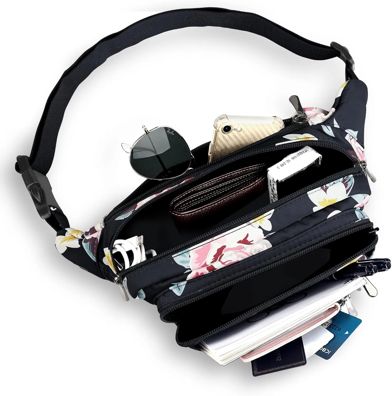 Waist Pack Bag Fanny Pack for Men&Women Hip Bum Bag with Adjustable Strap for Outdoors Workout Traveling Casual Running Hiking Cycling (New Black Flowers)