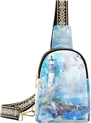 Watercolor Fauna Lighthouse Blue crossbody bag men sturdy sling bag for women for day pack