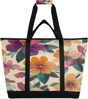 Watercolor Flowers Reusable Insulated Lunchbox Cooler Bag, Leakproof Kitchen Grocery Bag Collapsible Portable Cooler Tote Bag for Picnic, Camping, Office, Travel
