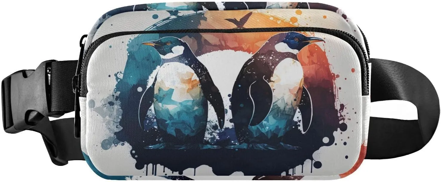Watercolor Penguins Fanny Pack Waist Pack Water Resistant Extendable Buckle Strap Crossbody Purse Travel Pouch for Running Hiking Training 8×5.3×1.6 inches