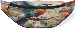 Watercolour Bird Sheet Music Flower Fanny Pack for Women Men Waist Pack Crossbody Bag with Adjustable Belt for Travel Hiking Running Cycling Festivals