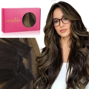 WENNALIFE Invisi Edge Tape in Hair Extensions Human Hair, 14 Inch 50g 20pcs Balayage Dark Brown Mixed Chestnut Brown Invisible Luxury Remy Hair Extensions Natural Seamless Injected Tape Ins Straight