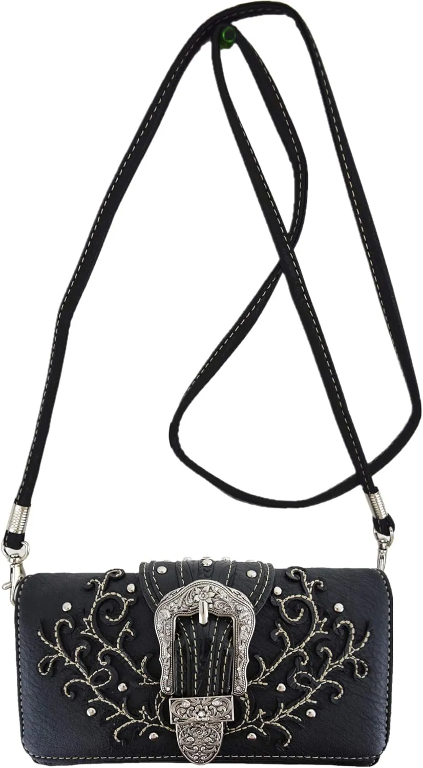 Western Style Tooled Leather Buckle Concealed Carry Purse Country Handbag Women Shoulder Bag Wallet Set