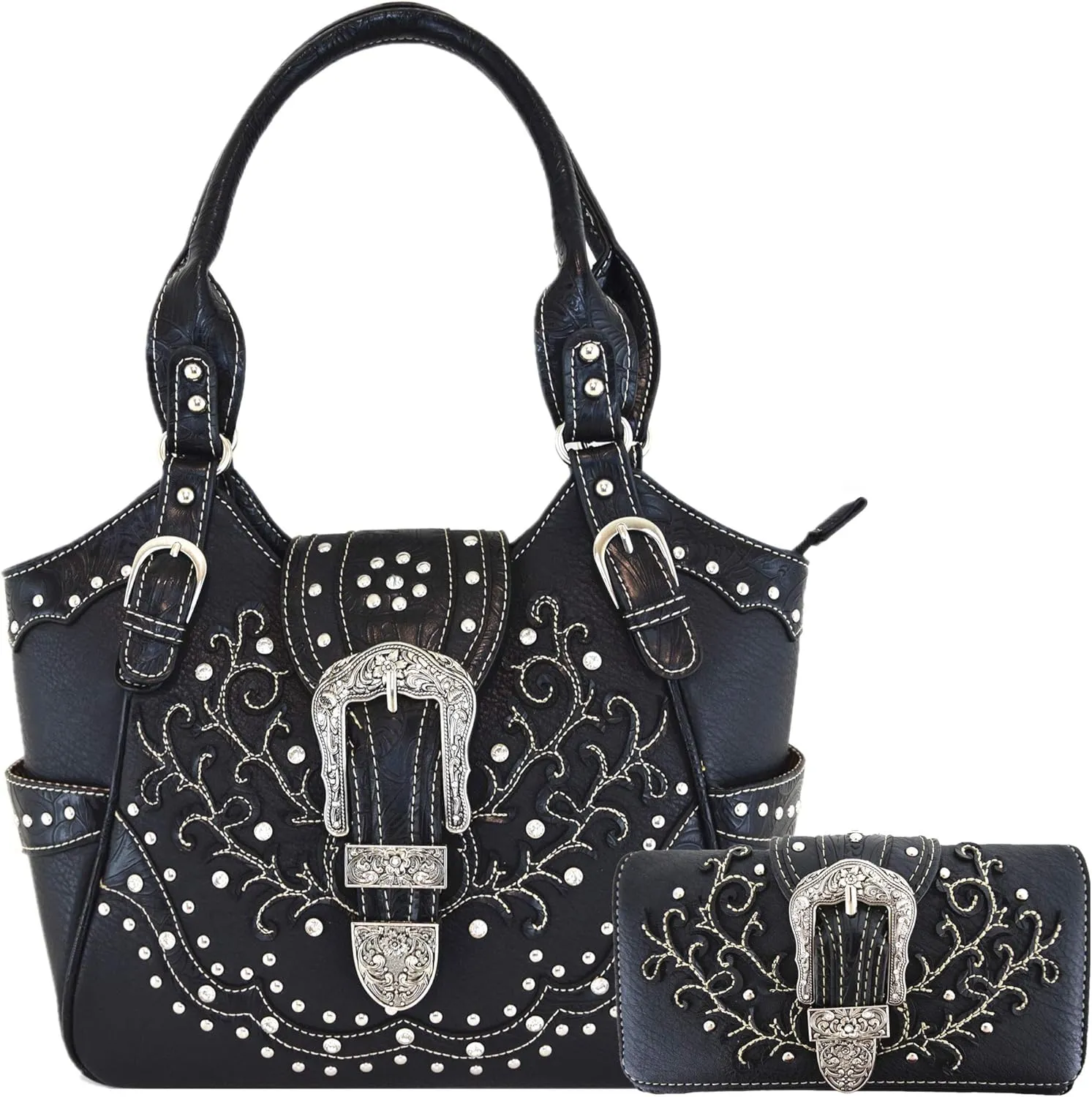 Western Style Tooled Leather Buckle Concealed Carry Purse Country Handbag Women Shoulder Bag Wallet Set