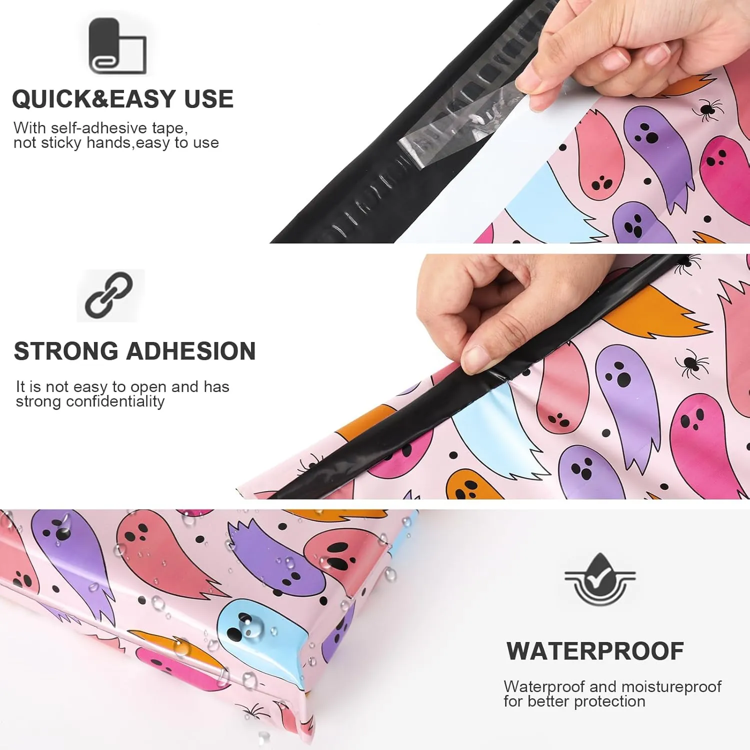 Whaline 100Pcs Halloween Poly Mailer 10 x 13 Inch Pastel Ghost Mailing Bag Cute Self-Sealing Waterproof Plastic Packaging Envelope Bag for Small Business
