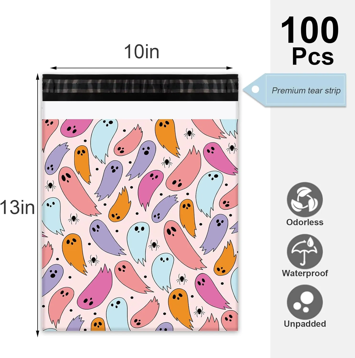Whaline 100Pcs Halloween Poly Mailer 10 x 13 Inch Pastel Ghost Mailing Bag Cute Self-Sealing Waterproof Plastic Packaging Envelope Bag for Small Business