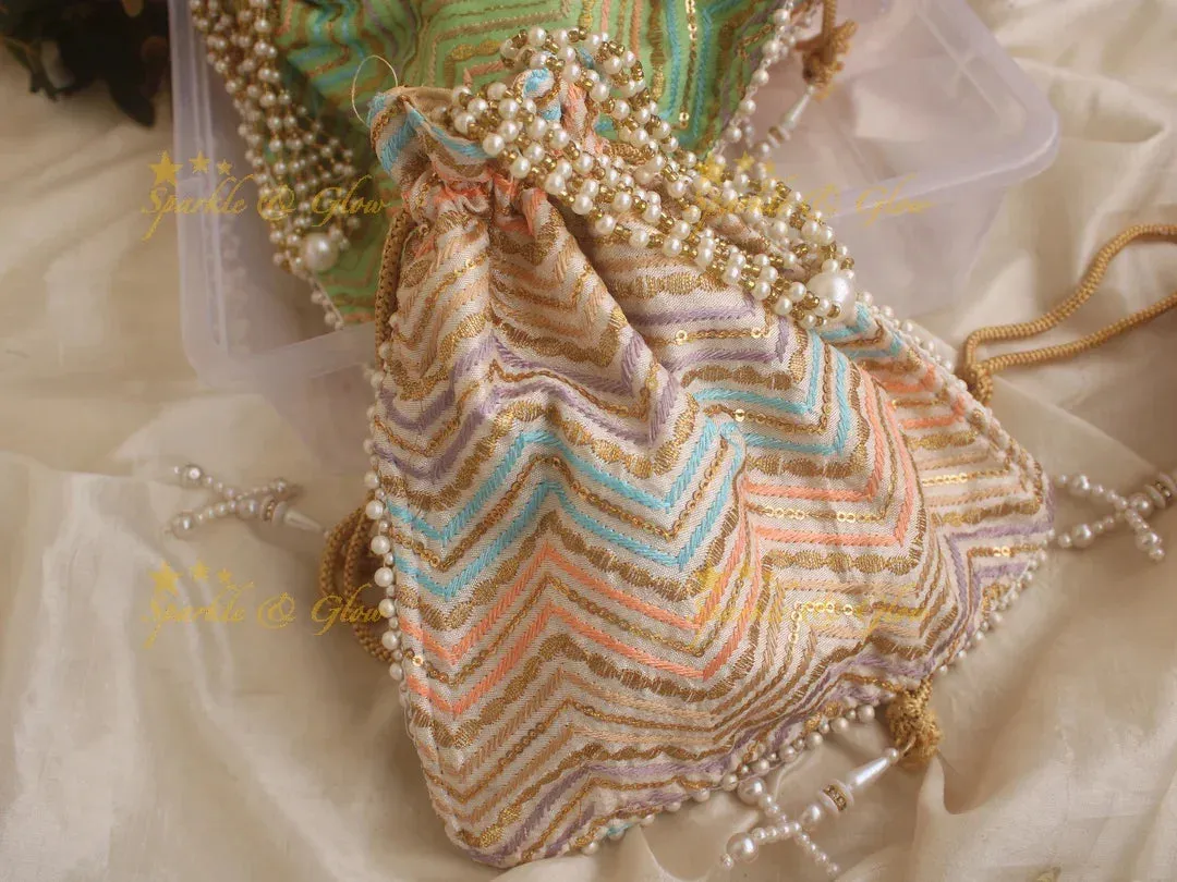 White Beaded 8.5*8" Embroidered Potli Bag