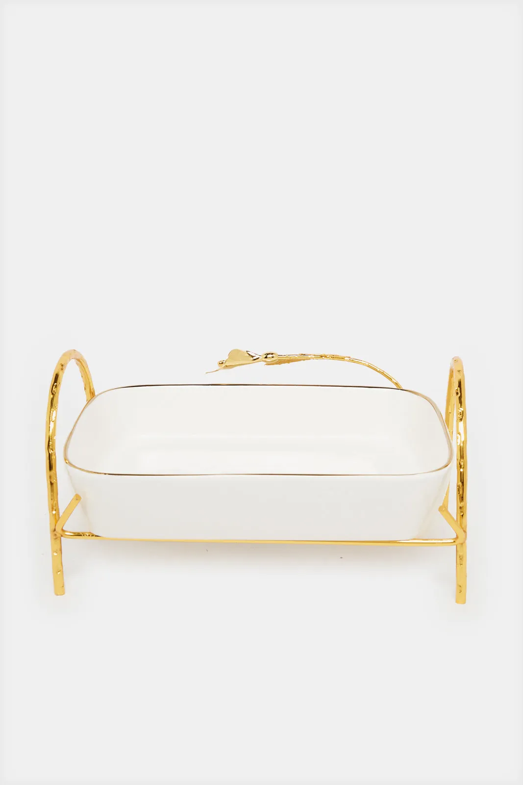 White Square Dish With Gold Metal Stand