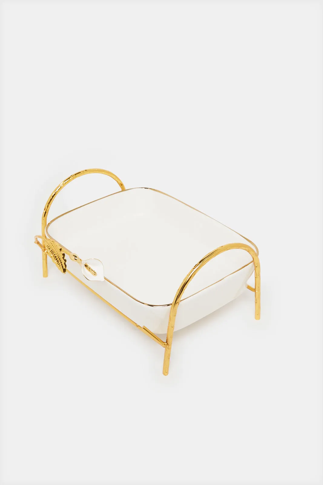 White Square Dish With Gold Metal Stand