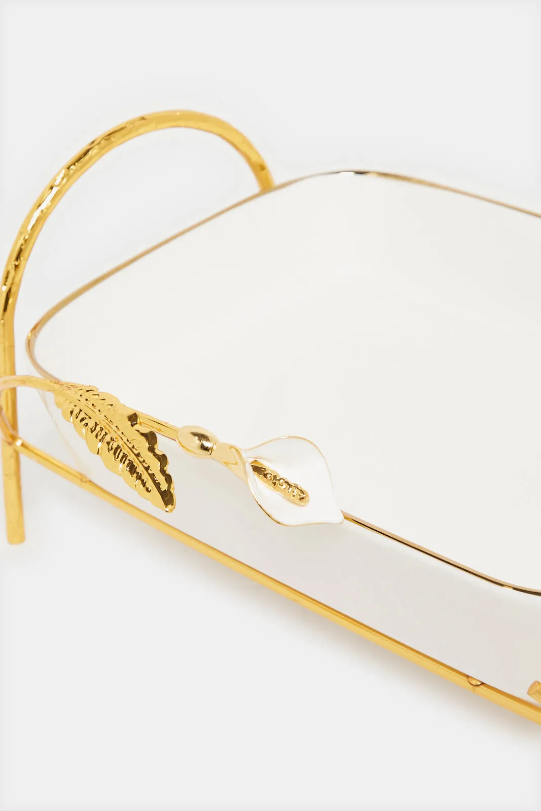 White Square Dish With Gold Metal Stand