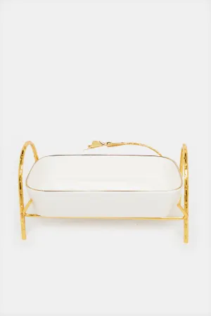 White Square Dish With Gold Metal Stand