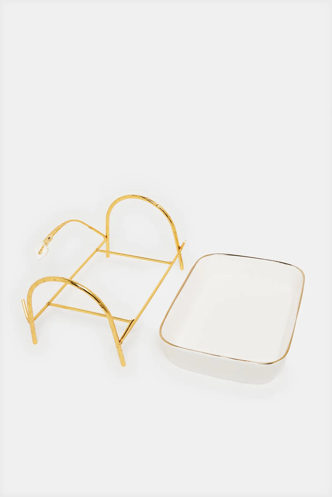 White Square Dish With Gold Metal Stand