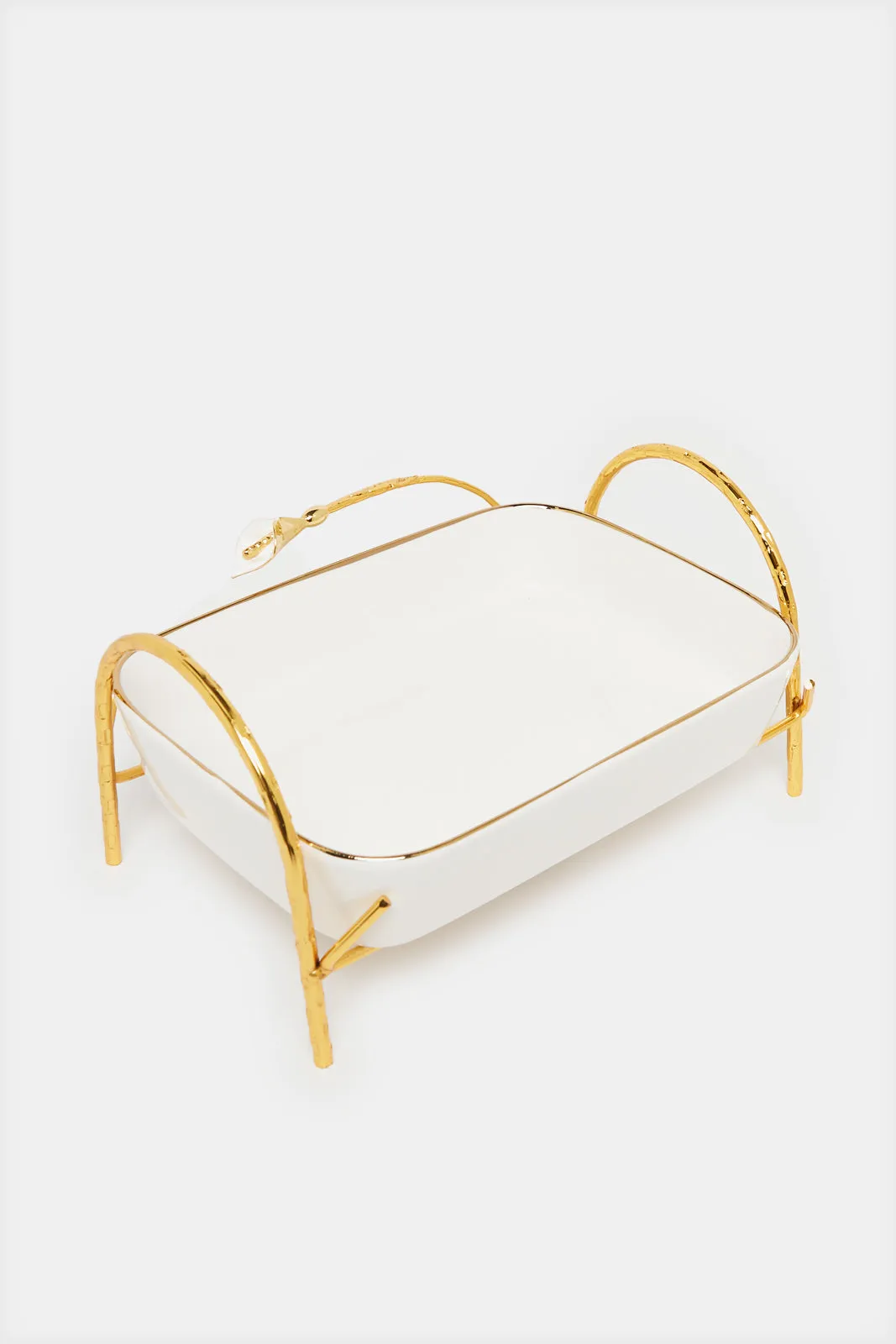 White Square Dish With Gold Metal Stand