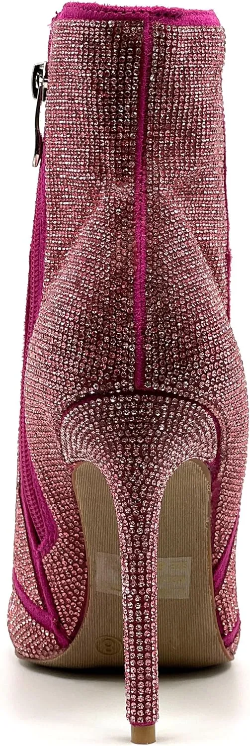 Wild Diva Women's Rhinestone Booties Stiletto Heel Boots Pointed Toe Side Zipper Sparkly Rhinestone Ankle Boots