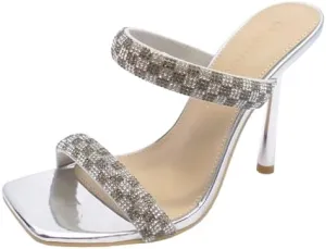 Wild Diva Women's Square Toe Double Strap Rhinestone Embellished Heel Sandal