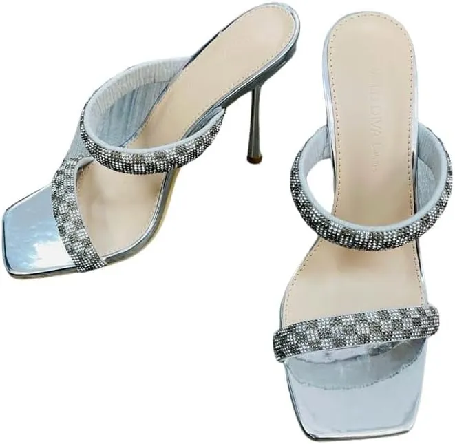 Wild Diva Women's Square Toe Double Strap Rhinestone Embellished Heel Sandal