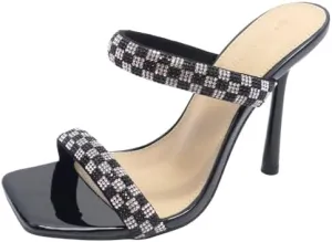 Wild Diva Women's Square Toe Double Strap Rhinestone Embellished Heel Sandal