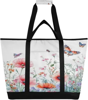 Wildflowers Butterfly Reusable Insulated Lunchbox Cooler Bag, Leakproof Kitchen Grocery Bag Collapsible Portable Cooler Tote Bag for Picnic, Camping, Office, Travel