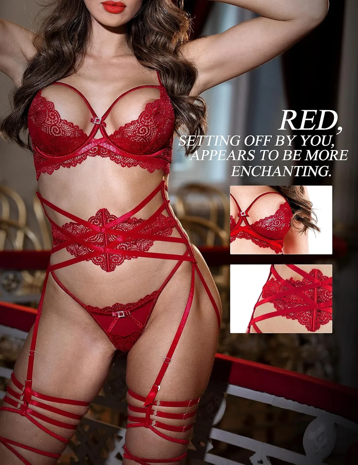 Women Lace Lingerie Set,Lace Bra and panty with Girdled 3 Pieces Set