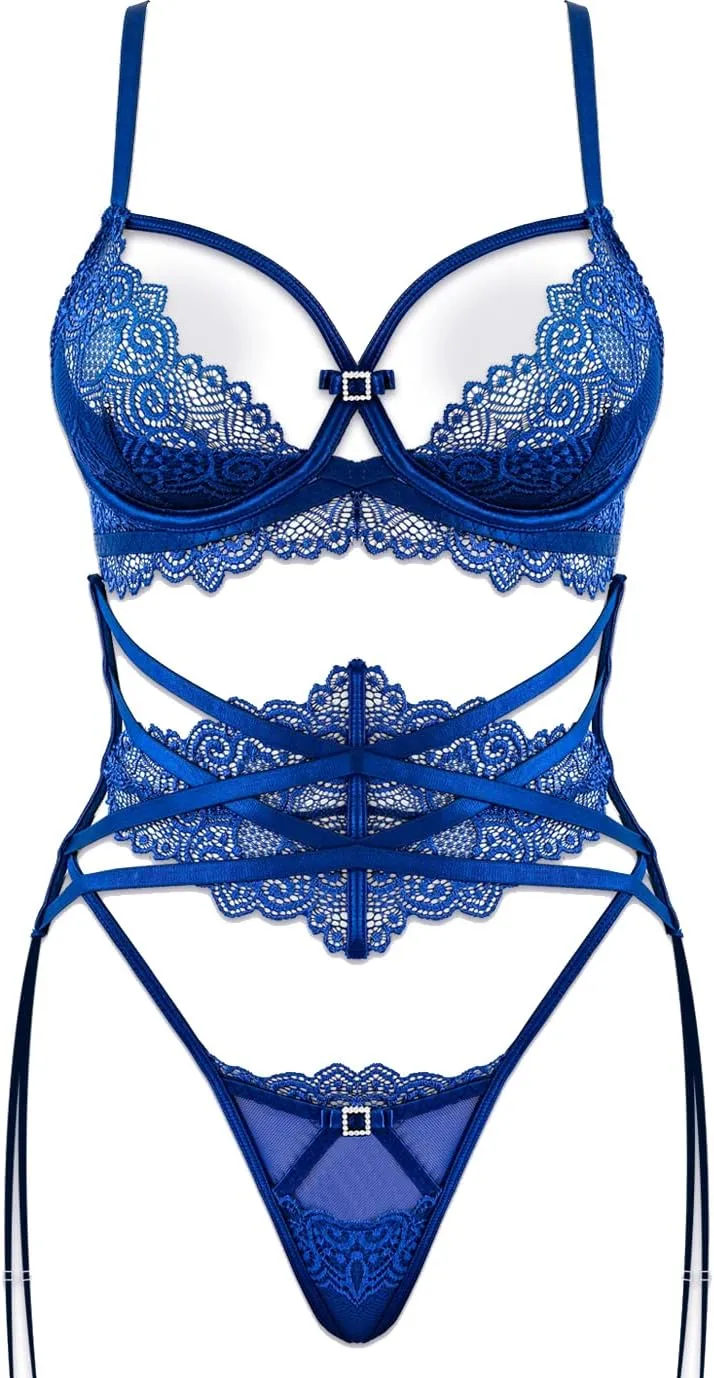 Women Lace Lingerie Set,Lace Bra and panty with Girdled 3 Pieces Set
