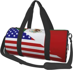 Women Men American Flag Mexican Flag Round Duffel Weekender Bag Travel Bag