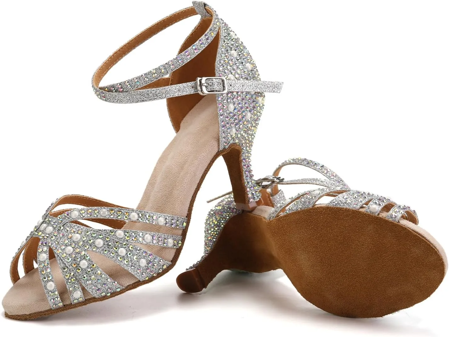 Women Rhinestones Ballroom Dance Shoes Latin Salsa Bachata Practice Performance Dancer Dancing Shoes, Model QRX-L506-7.5