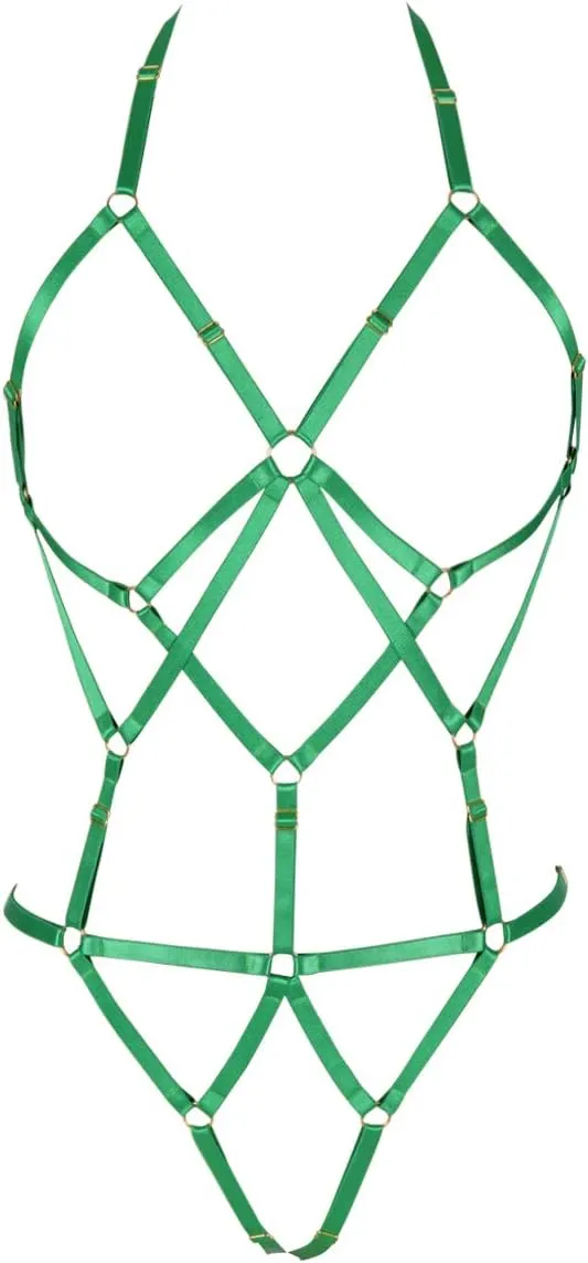 Women Strappy Full Body Harness Lingerie Garter Belt Set Plus Size Waist Hollow Crop Tops Bra Punk Gothic Festival Wear