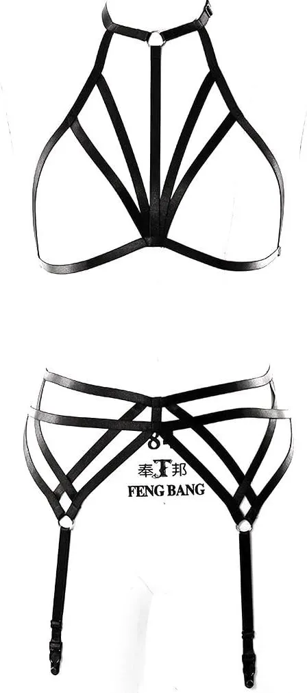 Women Strappy Full Body Harness Lingerie Garter Belt Set Plus Size Waist Hollow Crop Tops Bra Punk Gothic Festival Wear