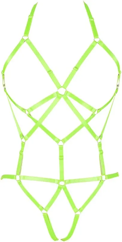 Women Strappy Full Body Harness Lingerie Garter Belt Set Plus Size Waist Hollow Crop Tops Bra Punk Gothic Festival Wear