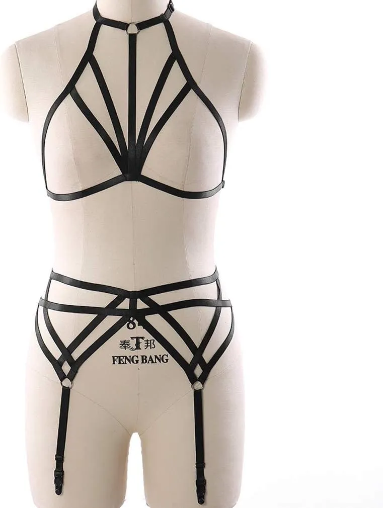 Women Strappy Full Body Harness Lingerie Garter Belt Set Plus Size Waist Hollow Crop Tops Bra Punk Gothic Festival Wear