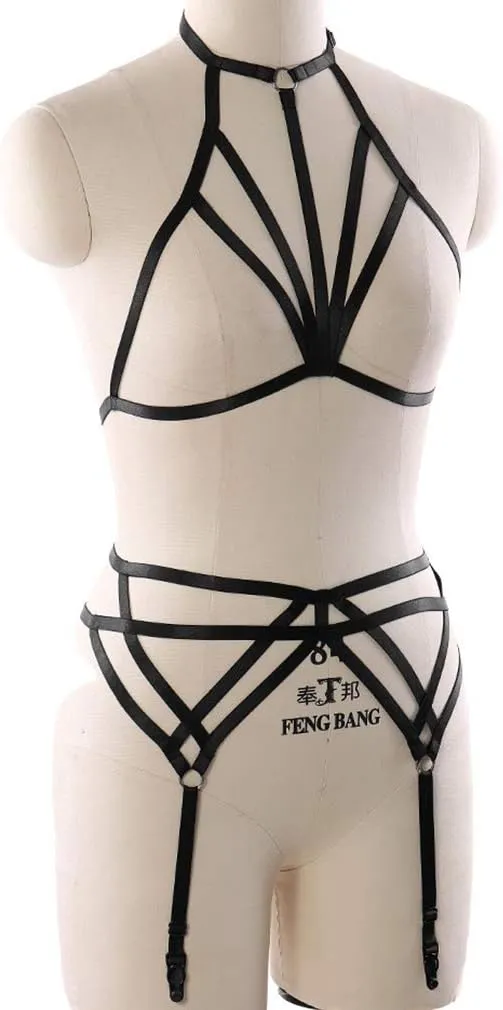 Women Strappy Full Body Harness Lingerie Garter Belt Set Plus Size Waist Hollow Crop Tops Bra Punk Gothic Festival Wear