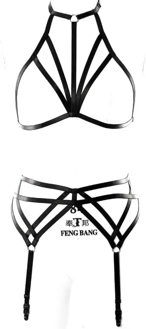Women Strappy Full Body Harness Lingerie Garter Belt Set Plus Size Waist Hollow Crop Tops Bra Punk Gothic Festival Wear