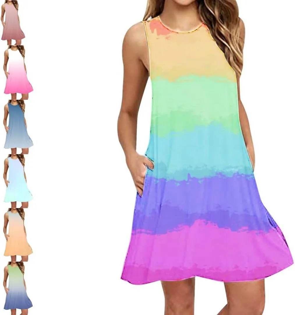 Women Summer Dresses, Gradient Colored Beach T Shirt Vest Dresses, Sleeveless Dresses with Pockets, Loose Dresses