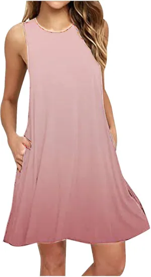 Women Summer Dresses, Gradient Colored Beach T Shirt Vest Dresses, Sleeveless Dresses with Pockets, Loose Dresses