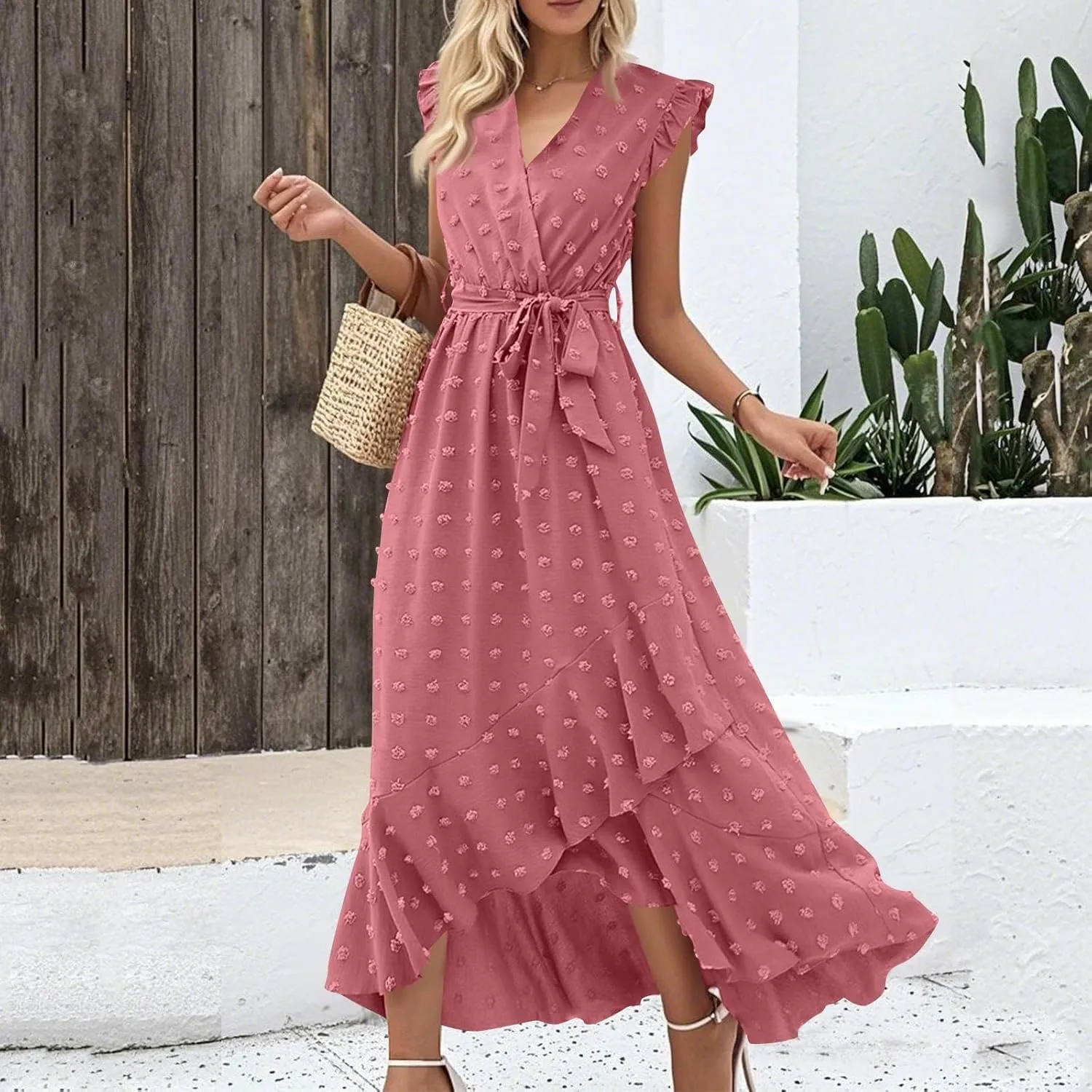 Women V Neck Summer Dress 2025 Cap Sleeve Swiss Dot Boho Flowy Ruffle Slit Beach Party Long Maxi Cocktail Dresses