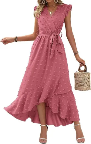 Women V Neck Summer Dress 2025 Cap Sleeve Swiss Dot Boho Flowy Ruffle Slit Beach Party Long Maxi Cocktail Dresses