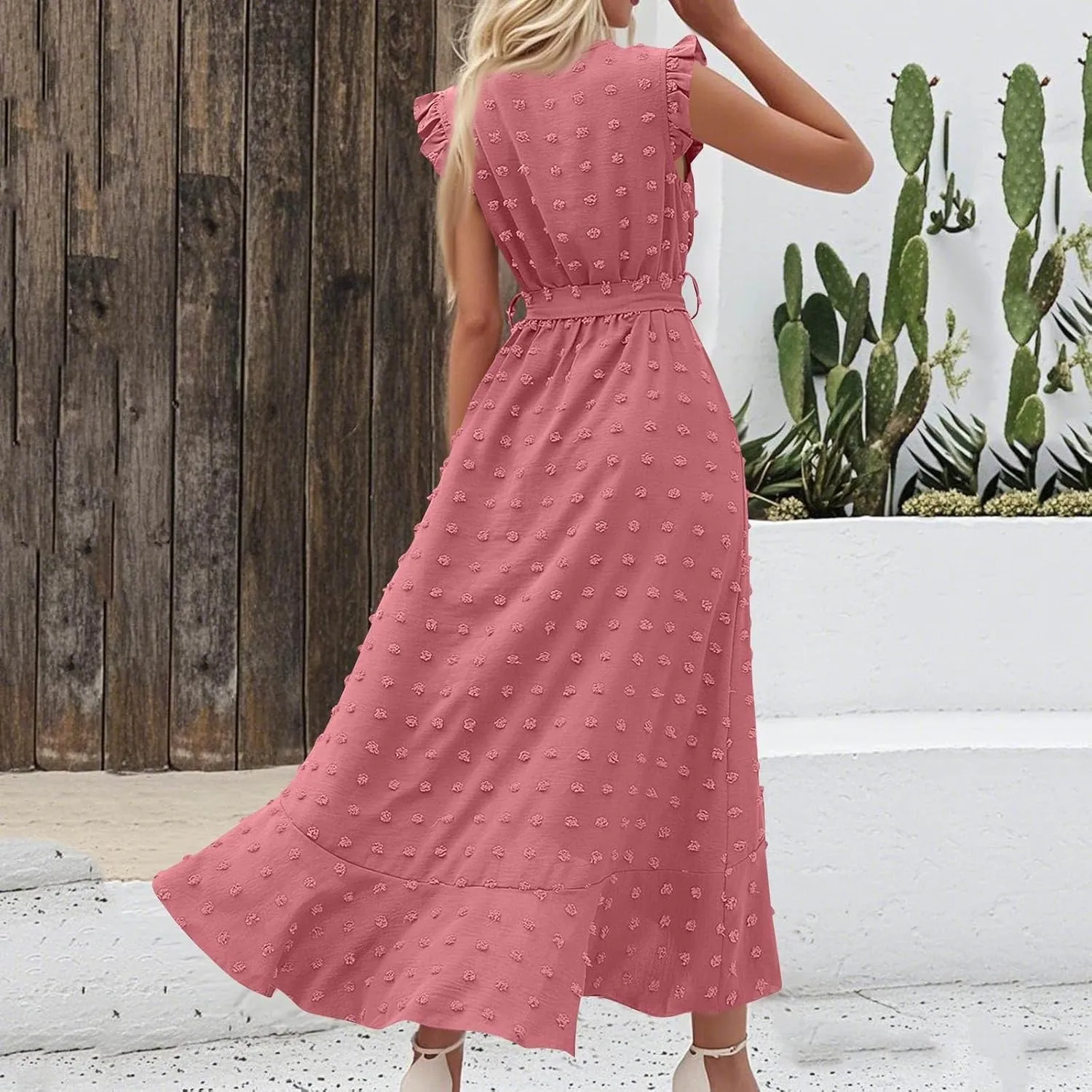 Women V Neck Summer Dress 2025 Cap Sleeve Swiss Dot Boho Flowy Ruffle Slit Beach Party Long Maxi Cocktail Dresses