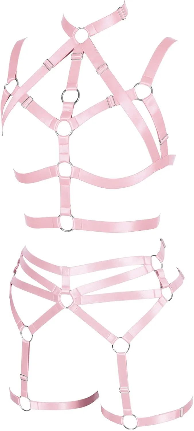 Women's Body Harness Adjustable Size Punk Gothic Bra Full Cage Garter Belt Hollow Out Belt Set Halloween Festival Rave